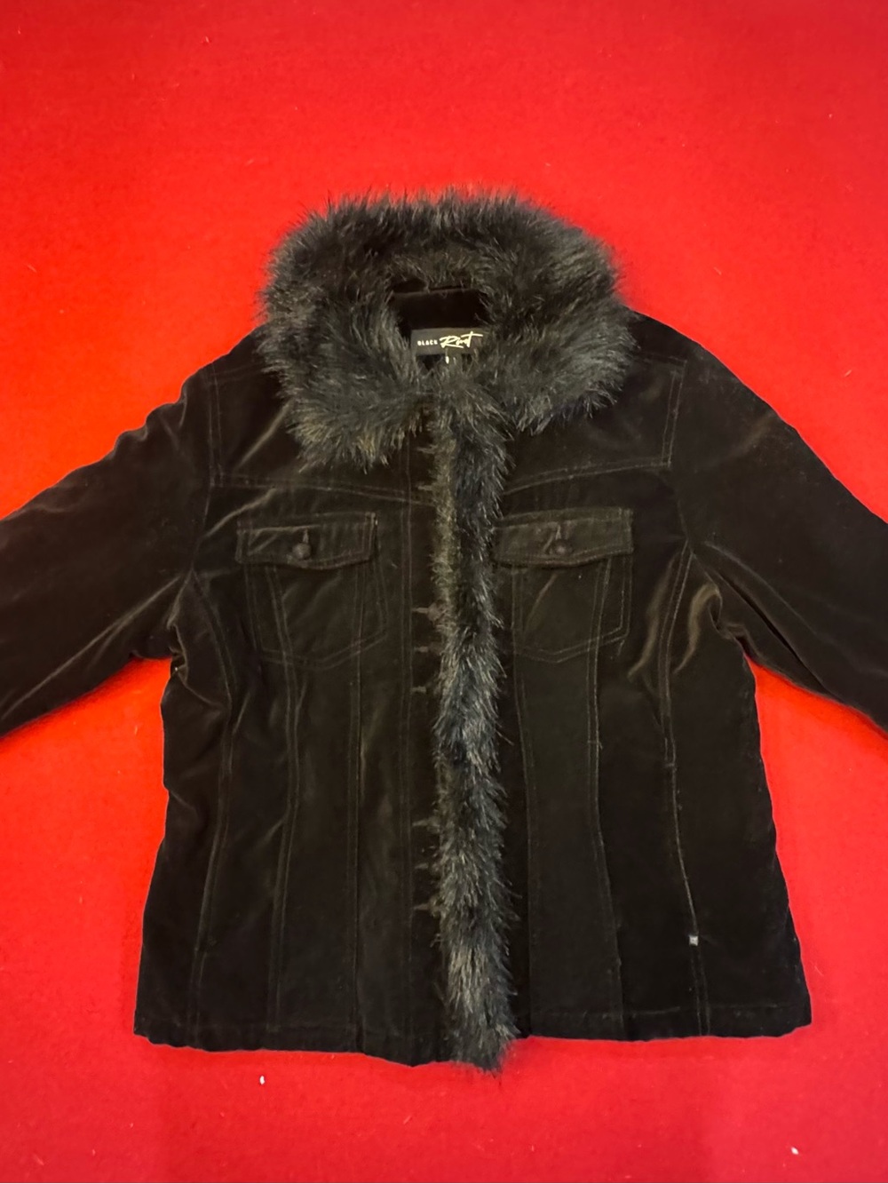 Black Rivet Women’s Size L Black Faux-Fur Trim Velvet Jacket